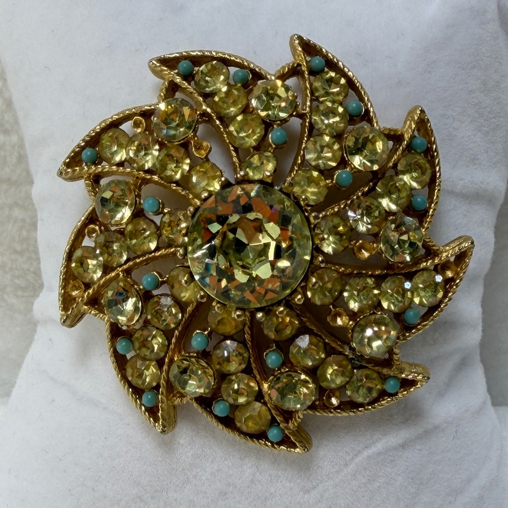 VTG‎ BSK Gold Tone Yellow Rhinestone Turquoise Sunburst Brooch Pin  *Read